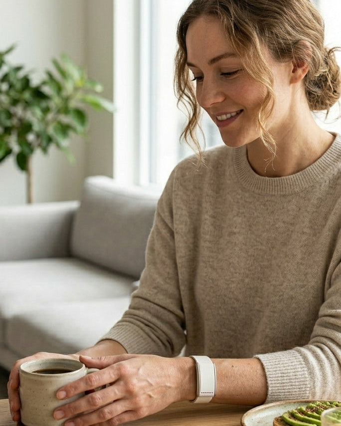 Woman at a bright breakfast table wearing the Ecoband 5.0 White/Pink WHOOP band