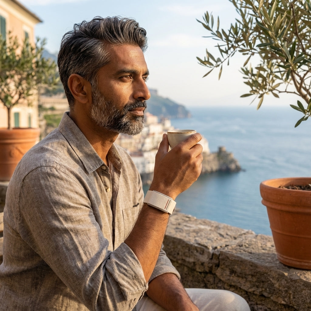Ecoband 5.0 Italy Flag lifestyle shot – luxury WHOOP-compatible band, Italian identity and artisanal quality
