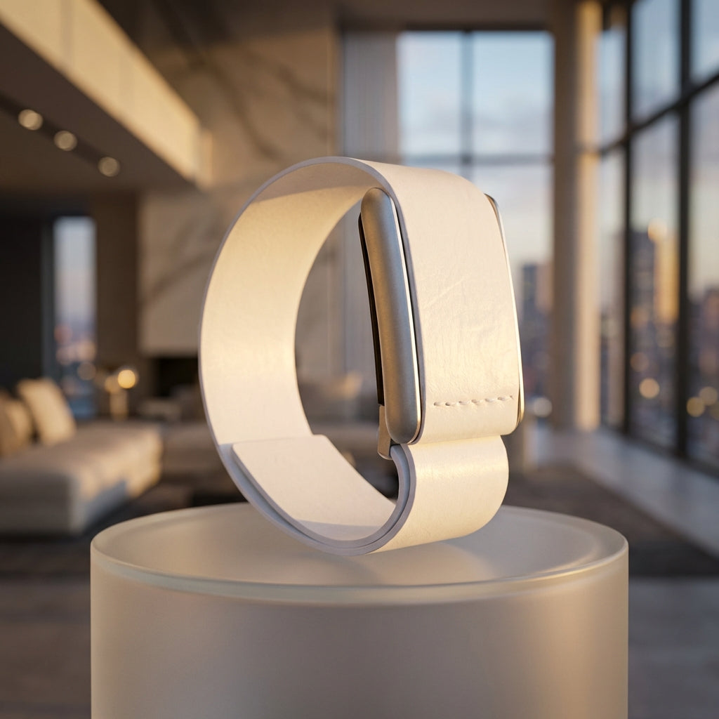 Ecoband 5.0 White WHOOP band on marble – sustainable Italian craftsmanship, bio-based Viridis leather
