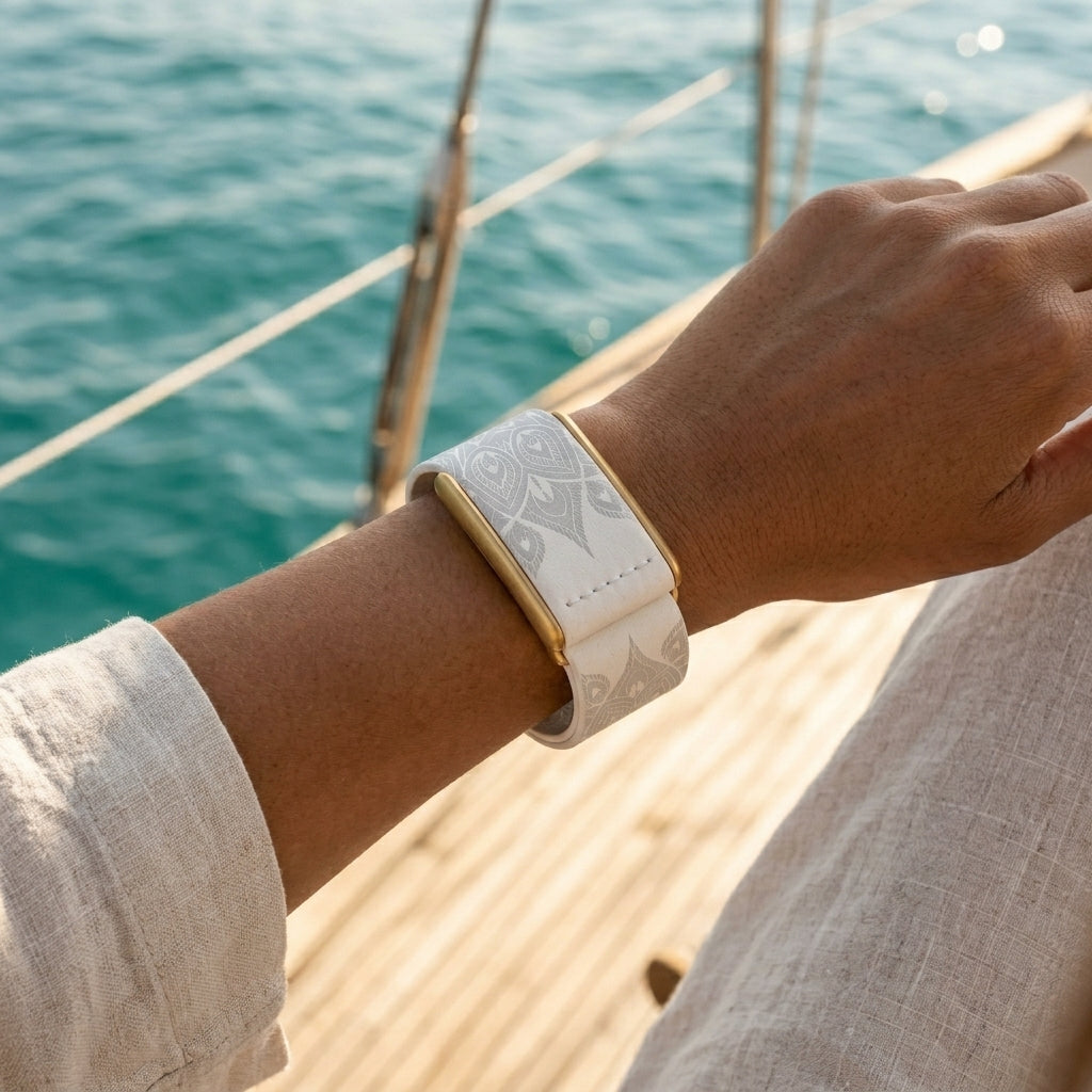 Rocker Duck Mandala Edition WHOOP band — white leather with gold-tone hardware, made in Italy