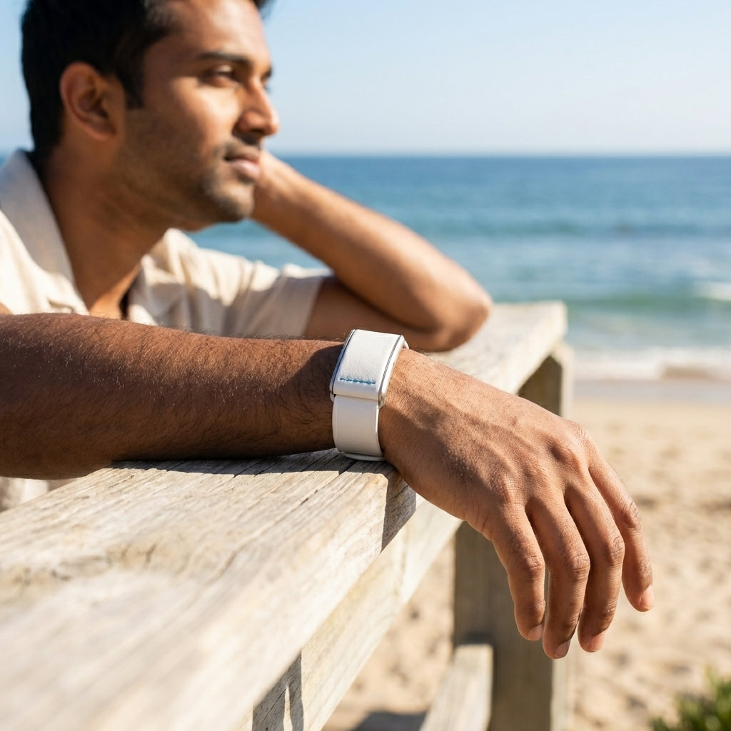 Rocker Duck White Turquoise Ecoband lifestyle – sustainable luxury WHOOP band, Viridis bio-based leather