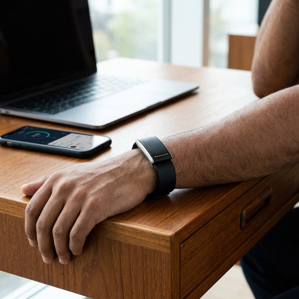Black and orange Ecoband 4.0 — bio-based Viridis leather WHOOP strap with signature contrast stitch