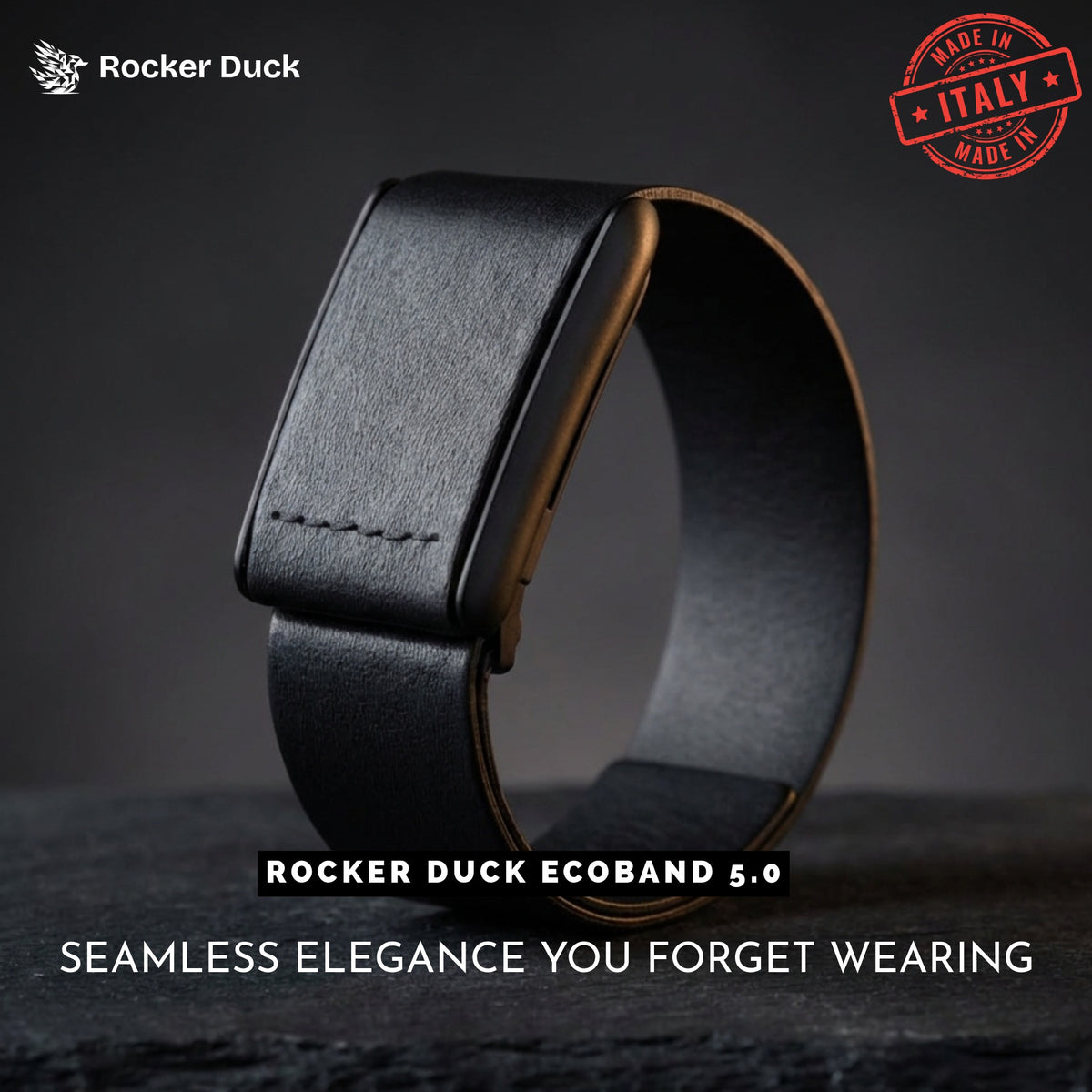 Ecoband 5.0 Classic in black — WHOOP-compatible Italian bio-leather band by Rocker Duck (black)