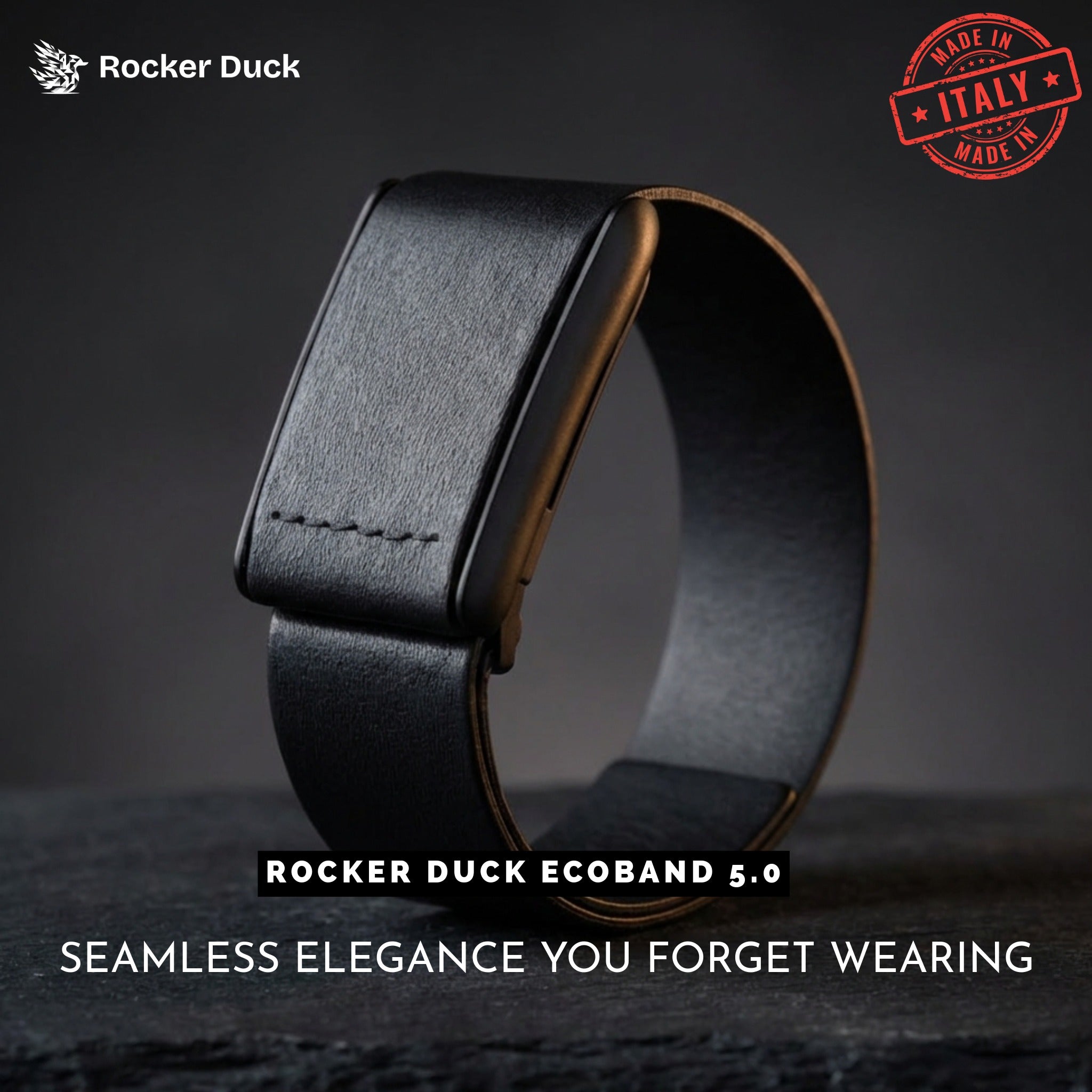 Ecoband 5.0 Classic in black — WHOOP-compatible Italian vegan leather band by Rocker Duck