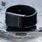 A black leather smartwatch band with white and red stitching, shown in water with text overlays reading 'FAST DRYING' and 'SUITABLE FOR SPORTS AND SWIMMING'. (uae flag)