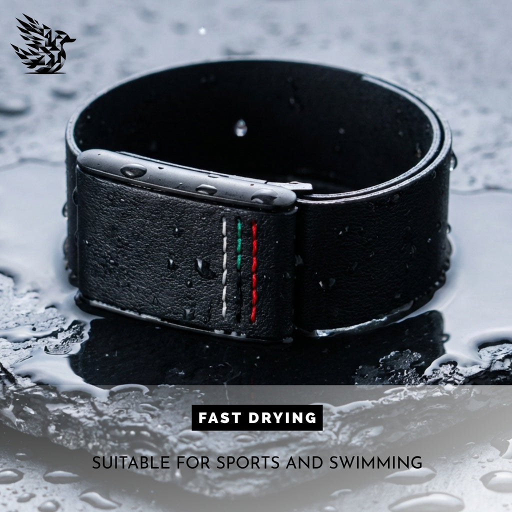 A black leather smartwatch band with white and red stitching, shown in water with text overlays reading 'FAST DRYING' and 'SUITABLE FOR SPORTS AND SWIMMING'.