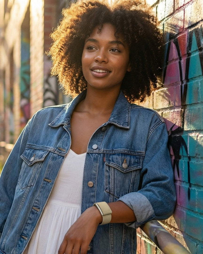 Woman in a denim jacket beside a graffiti wall wearing a Rocker Duck Ecoband WHOOP band