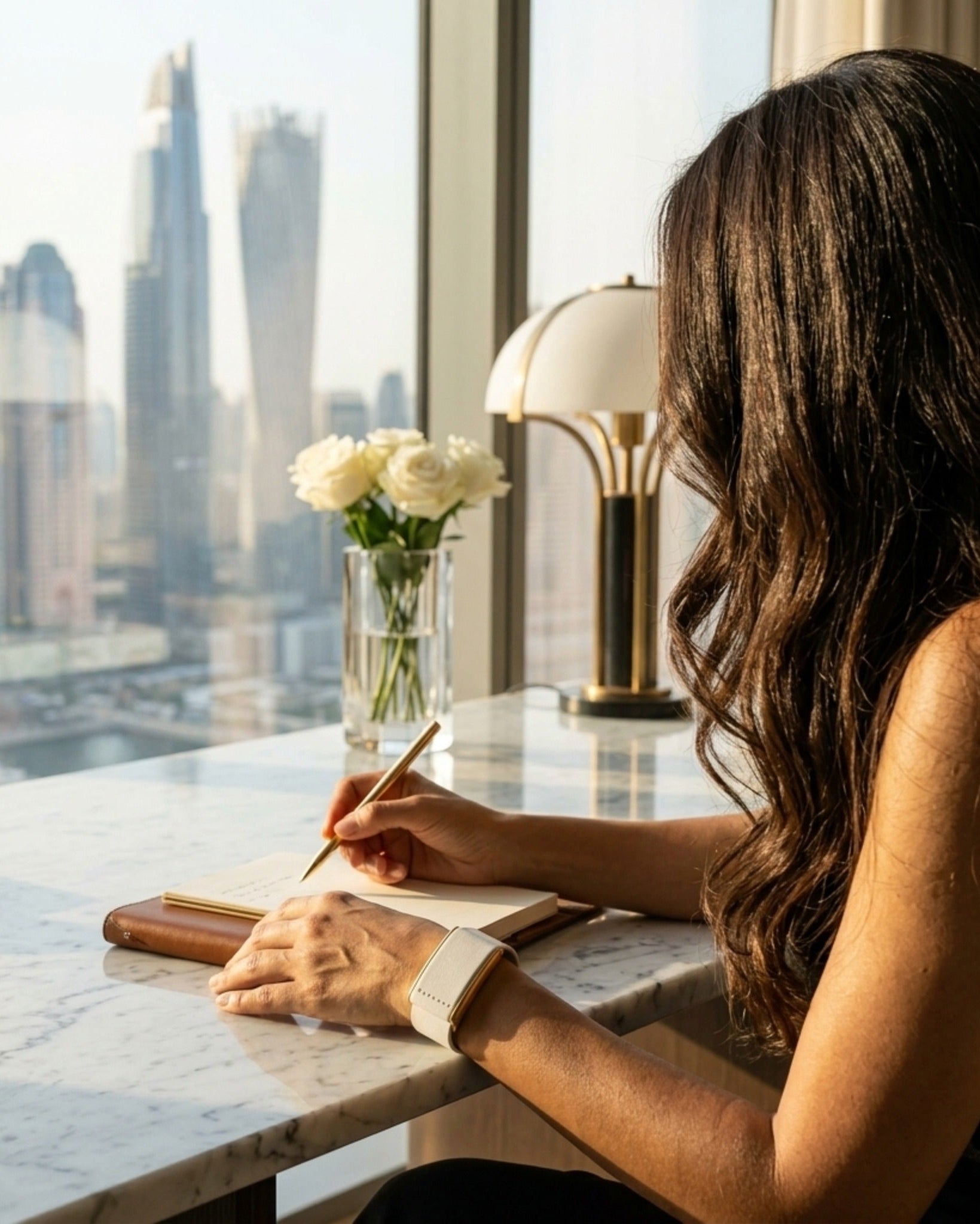 Woman writing in a notebook at a table with a city view, wearing the Ecoband 5.0 White & Gold band