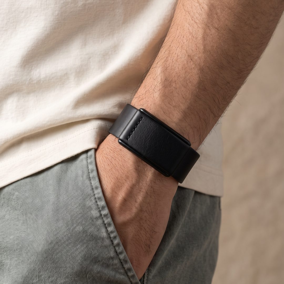 Ecoband 5.0 in Black with black clasp, close-up with hand in pocket (black)