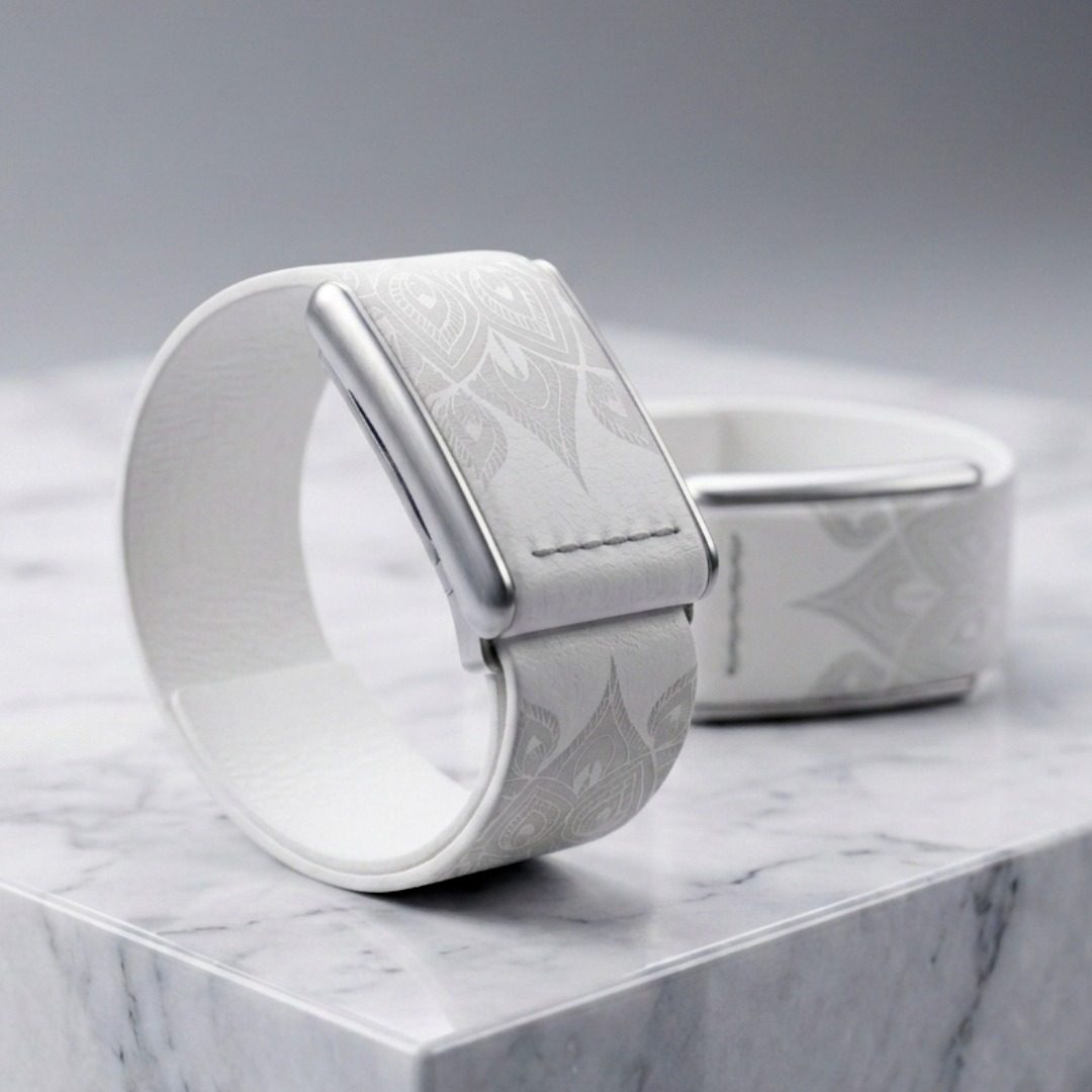 Ecoband 5.0 Mandala Edition — brushed silver clasp detail on white Italian bio-leather, marble plinth (silver)