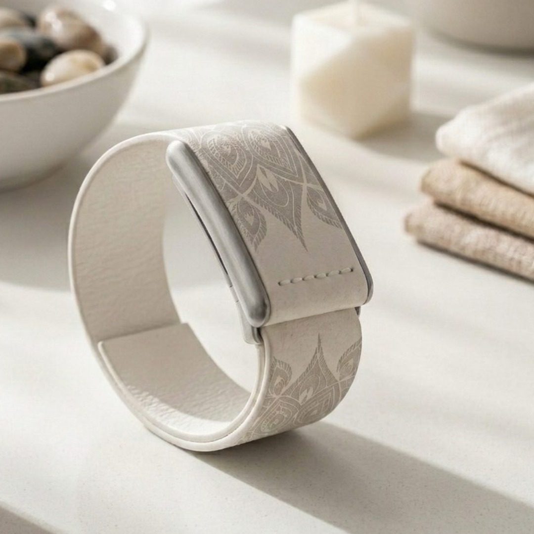 Ecoband 5.0 Mandala Edition — silver mandala WHOOP band with brushed silver clasp, still life on stone (silver)