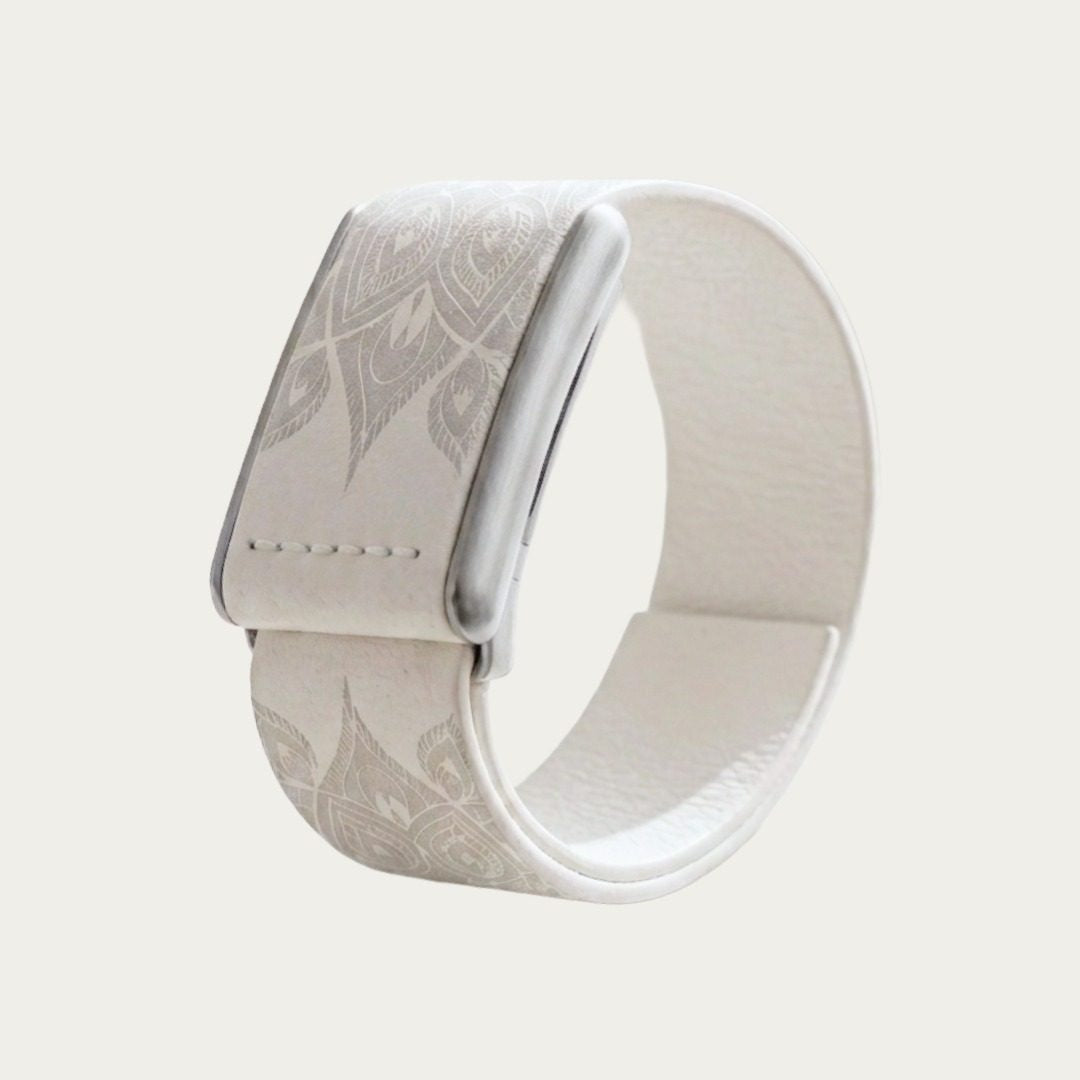 Ecoband 5.0 Mandala Edition — white Italian bio-leather WHOOP band with silver mandala artwork and brushed silver clasp (silver)
