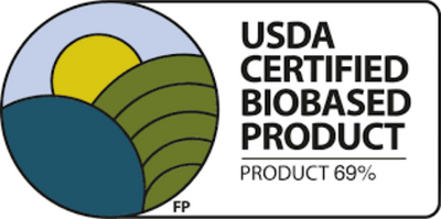 USDA Certified Biobased Product logo with a stylized landscape and certification text.