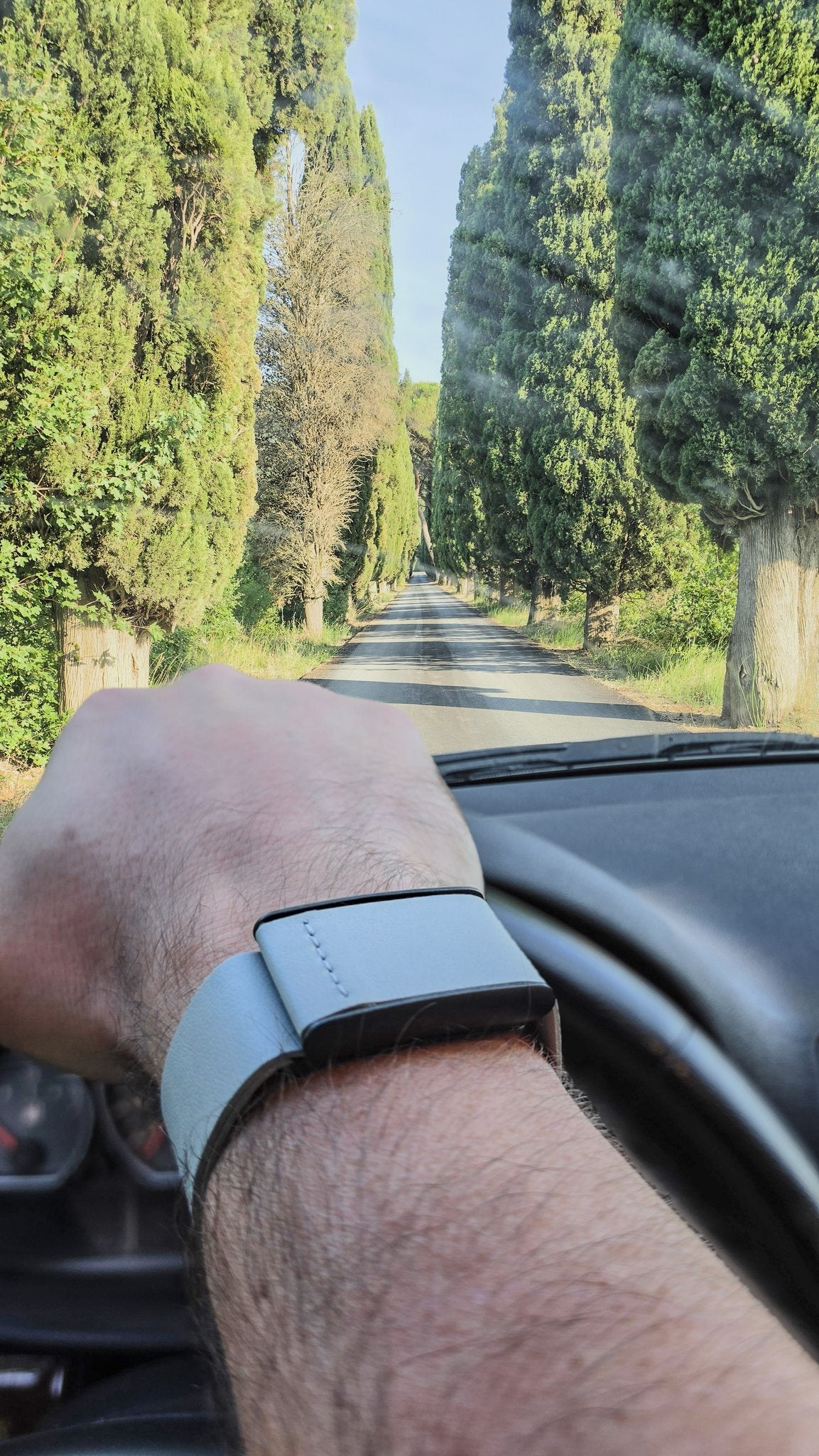 Rocker Duck Ecoband in Cloud worn while driving a Tuscan cypress road