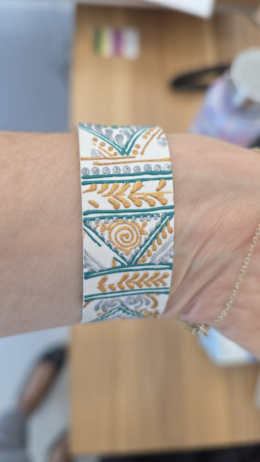 Hand-decorated Rocker Duck band in teal, gold and silver