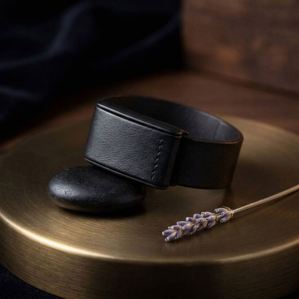 Ecoband 5.0 in Black — Italian bio-leather WHOOP band on a brass tray, still life (black)
