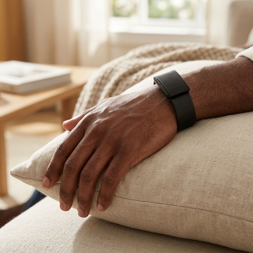 Ecoband 5.0 in Black on the wrist — handmade Italian bio-leather WHOOP band, relaxing at home (black)