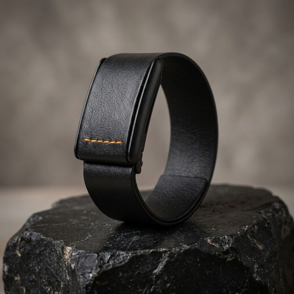 Ecoband 5.0 in Black & Orange — WHOOP-compatible Italian bio-leather band with orange contrast stitch, on black stone (black & orange)