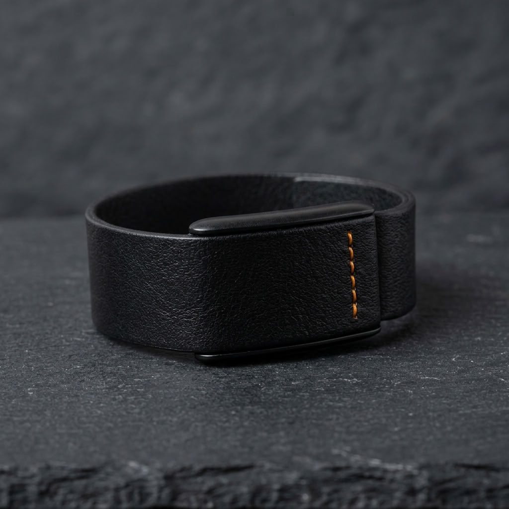 Ecoband 5.0 in Black & Orange — orange hand stitching on Italian bio-leather, on slate (black & orange)