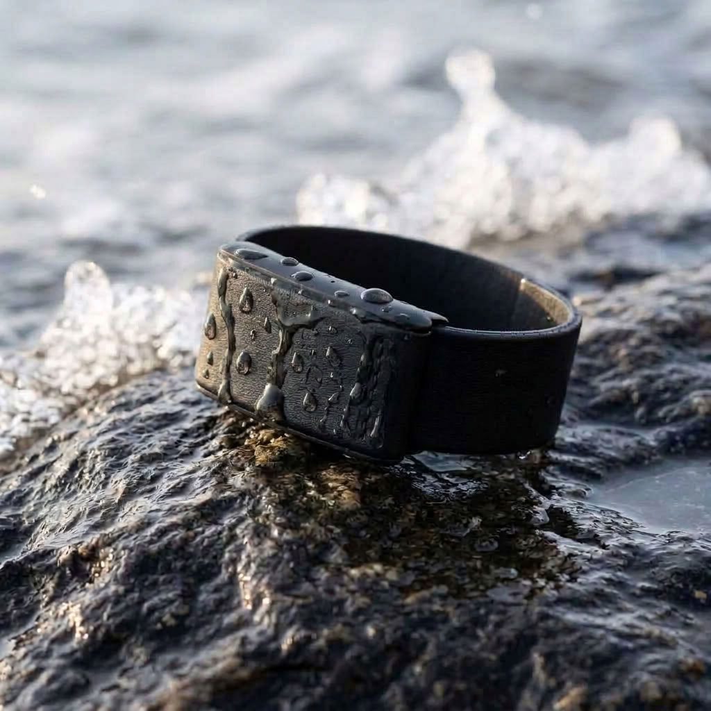 Ecoband 5.0 in Black — fast-drying WHOOP band on wet rock by the sea (black)