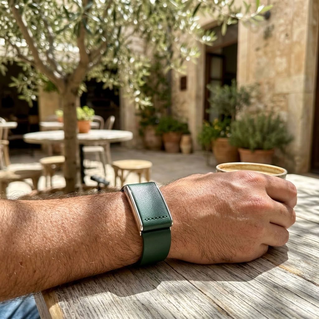 Ecoband 5.0 in Verde — green Italian bio-leather WHOOP band worn at a courtyard café (verde)