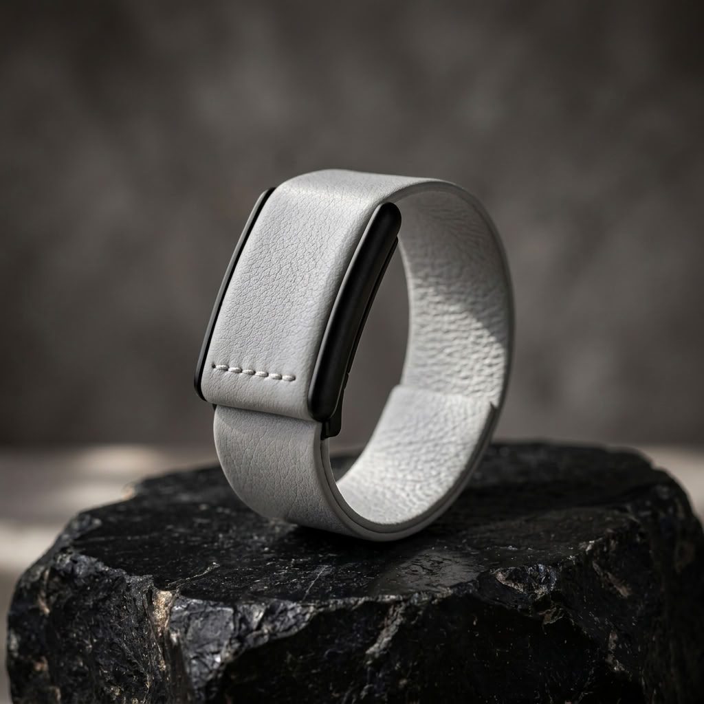 Ecoband 5.0 in Cloud — light grey Italian bio-leather WHOOP band with black clasp, on black stone (cloud)