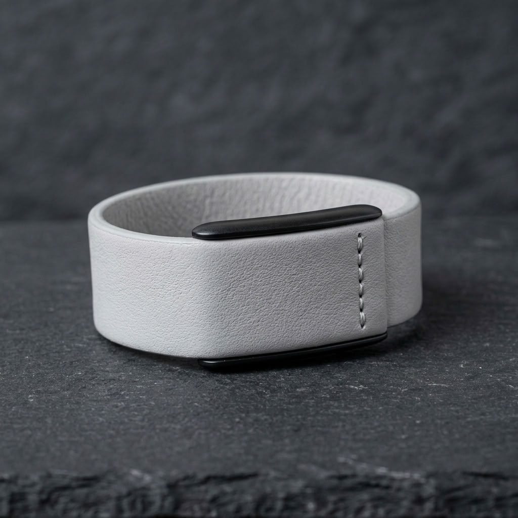 Ecoband 5.0 in Cloud — WHOOP-compatible bio-leather band with black clasp, on slate (cloud)