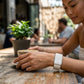 Ecoband 5.0 Mandala Edition — white bio-leather WHOOP band with silver mandala artwork and silver clasp, worn at a café (silver)