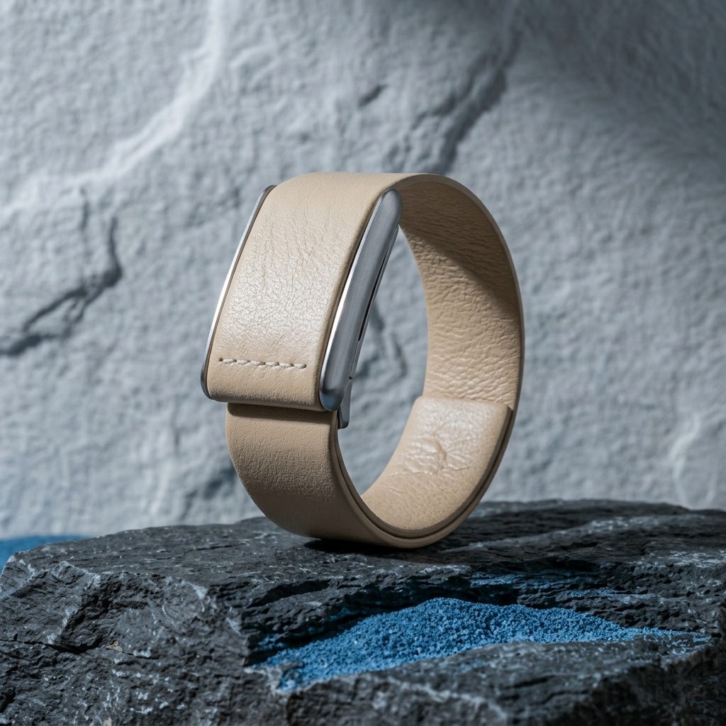 Ecoband 5.0 in Sand — Italian bio-leather WHOOP band with brushed silver clasp, on black stone (Sand)