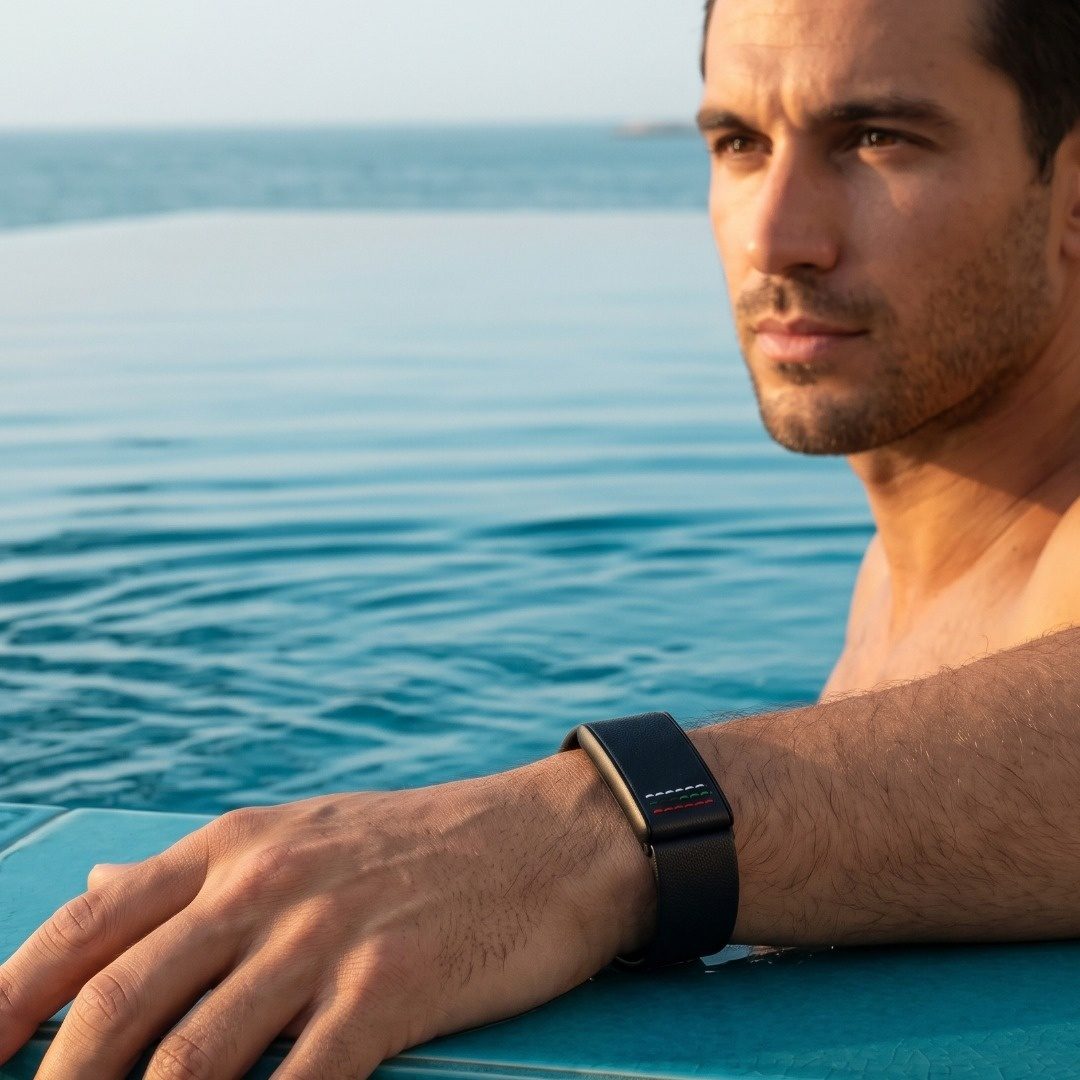 Ecoband 5.0 Roots in UAE Flag worn at the poolside — WHOOP-compatible band suitable for swimming (UAE Flag)