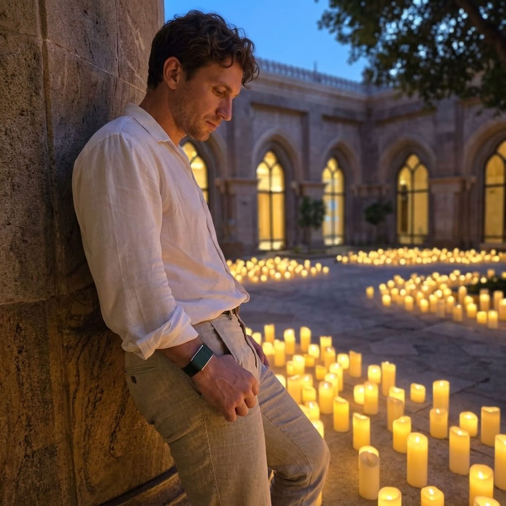 Ecoband 5.0 in Verde worn on an evening in a candlelit courtyard (Verde)