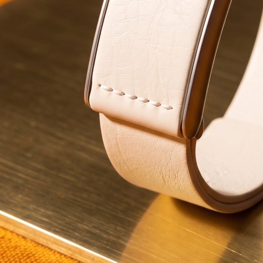 Ecoband 5.0 in Bianco — hand stitching and silver clasp detail on a brass surface (Bianco)