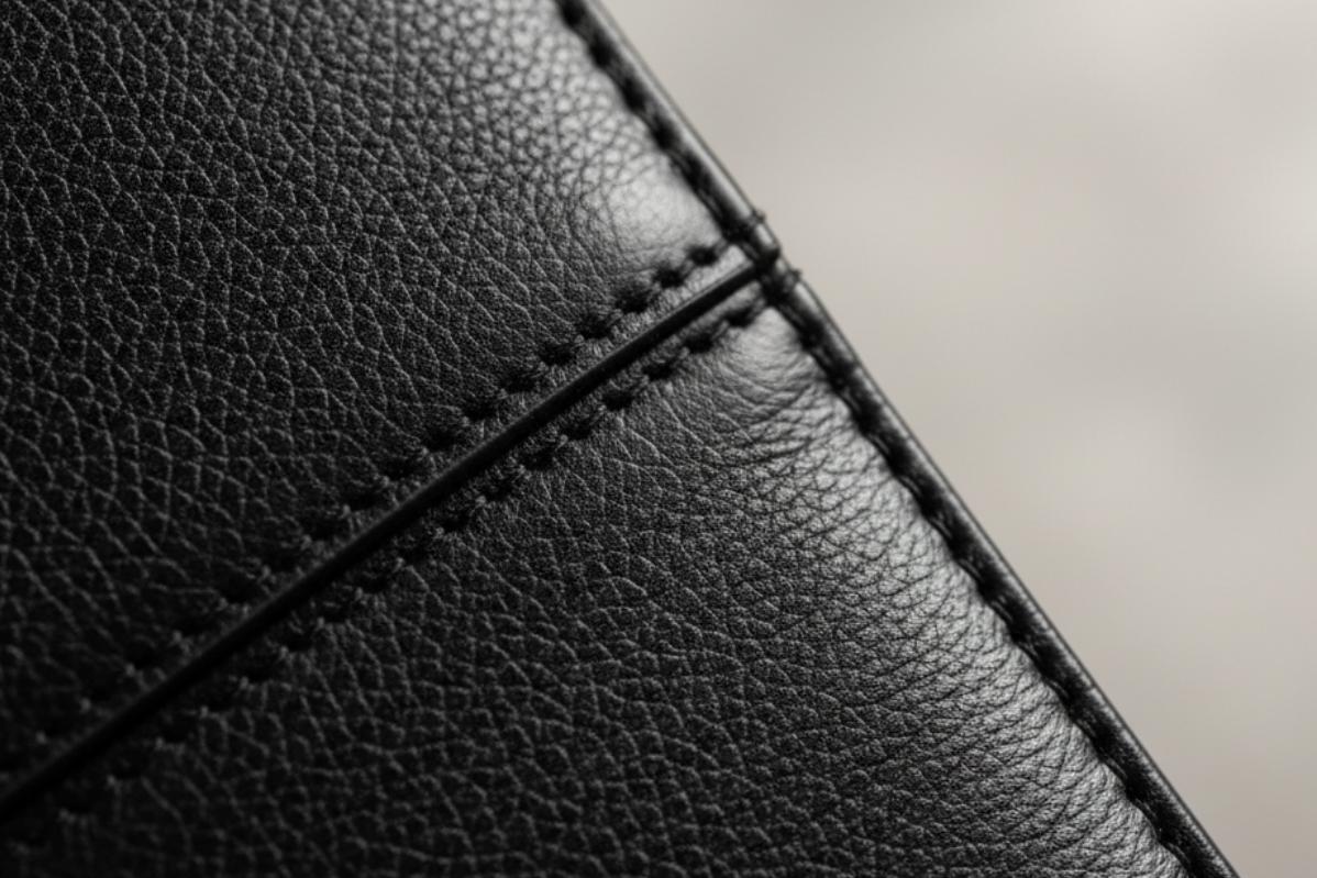 Close-up of black leather with visible stitching, featuring the 'Vegano Italy' brand logo.
